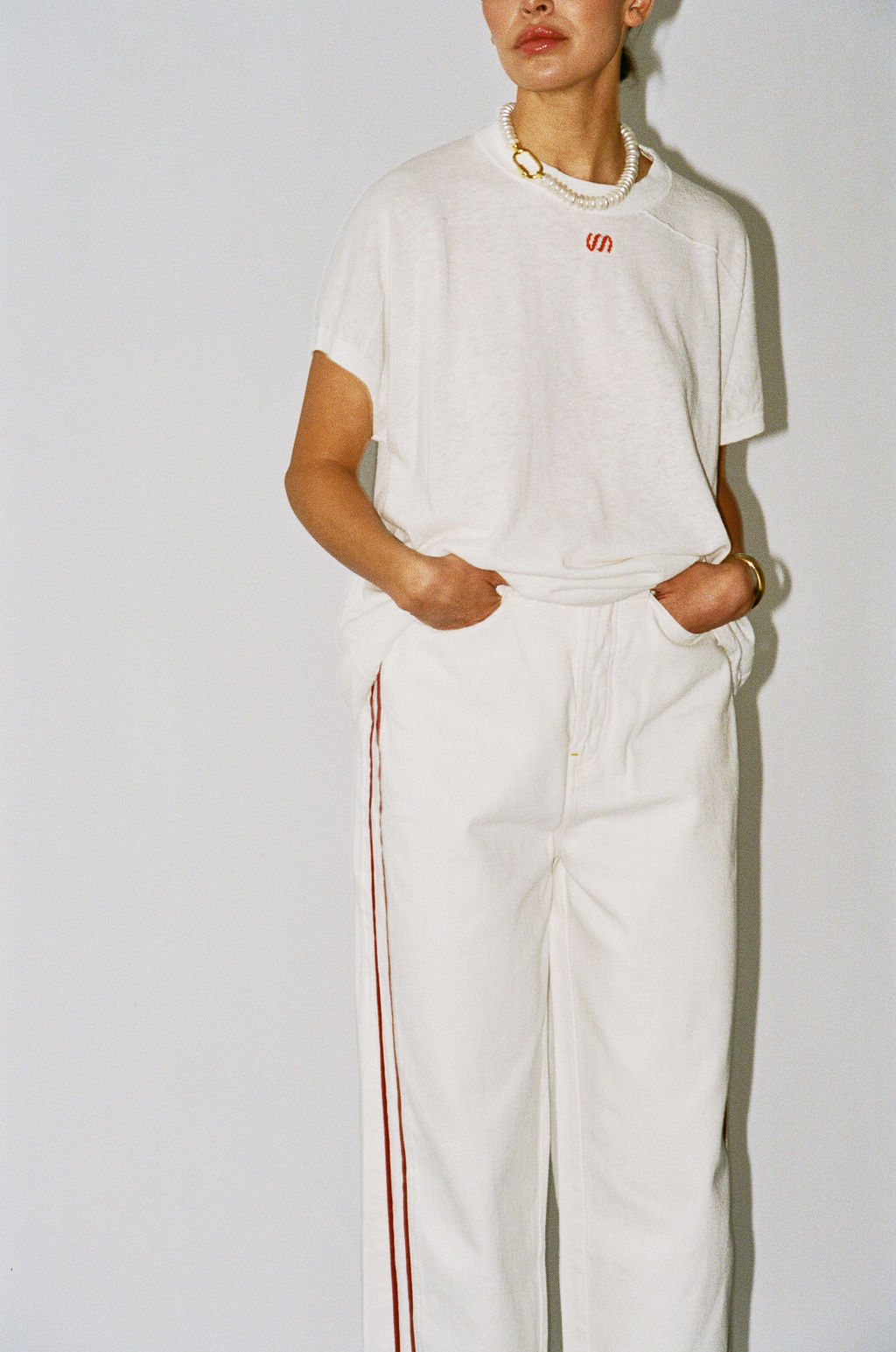 Pinstripe Track Denim in MIlk & Red Stripe