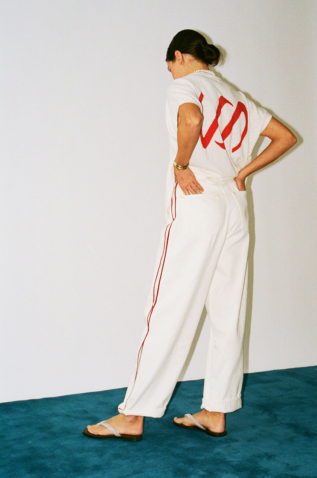Pinstripe Track Denim in MIlk & Red Stripe