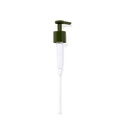 A recyclable pump with a white body and green accents, designed for use with aluminum bottles.
