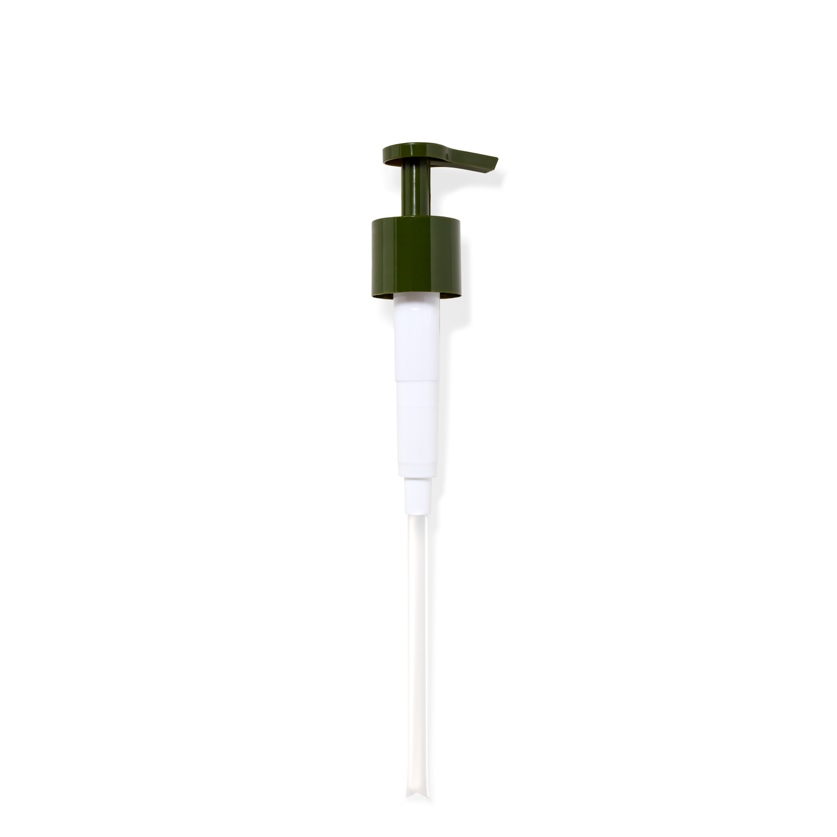 A recyclable pump with a white body and green accents, designed for use with aluminum bottles.