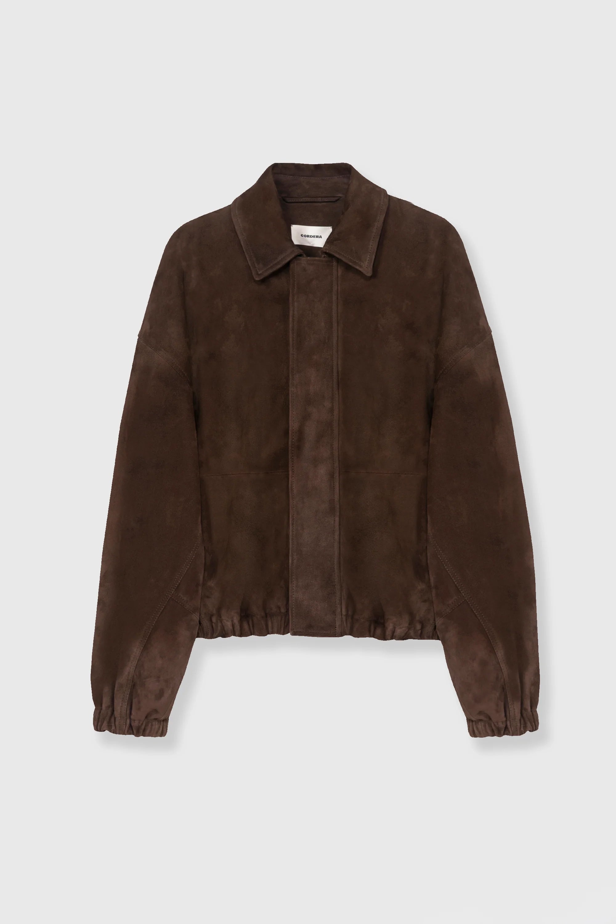 Brown suede jacket on a light gray background