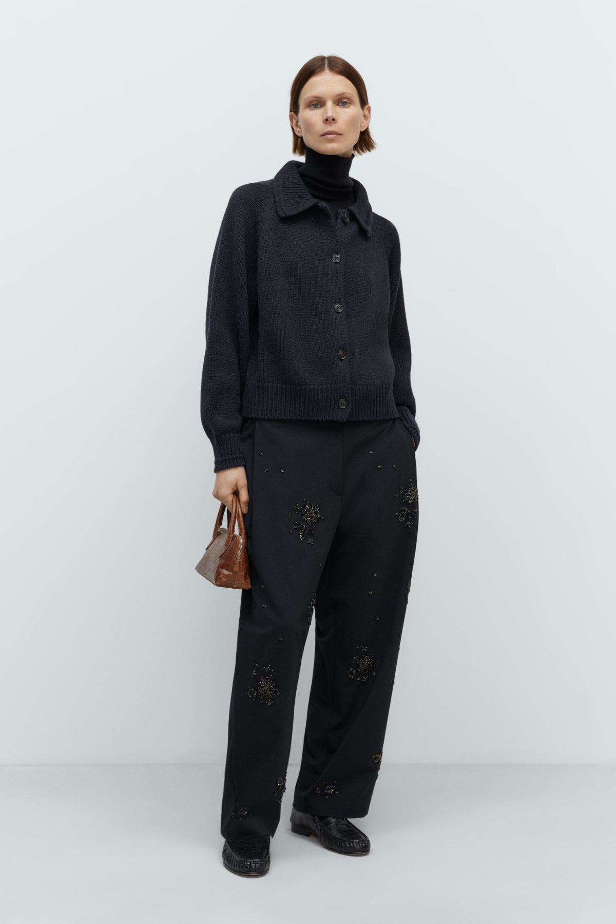 Merino Wool Collar Cardigan in Anthracite by CORDERA