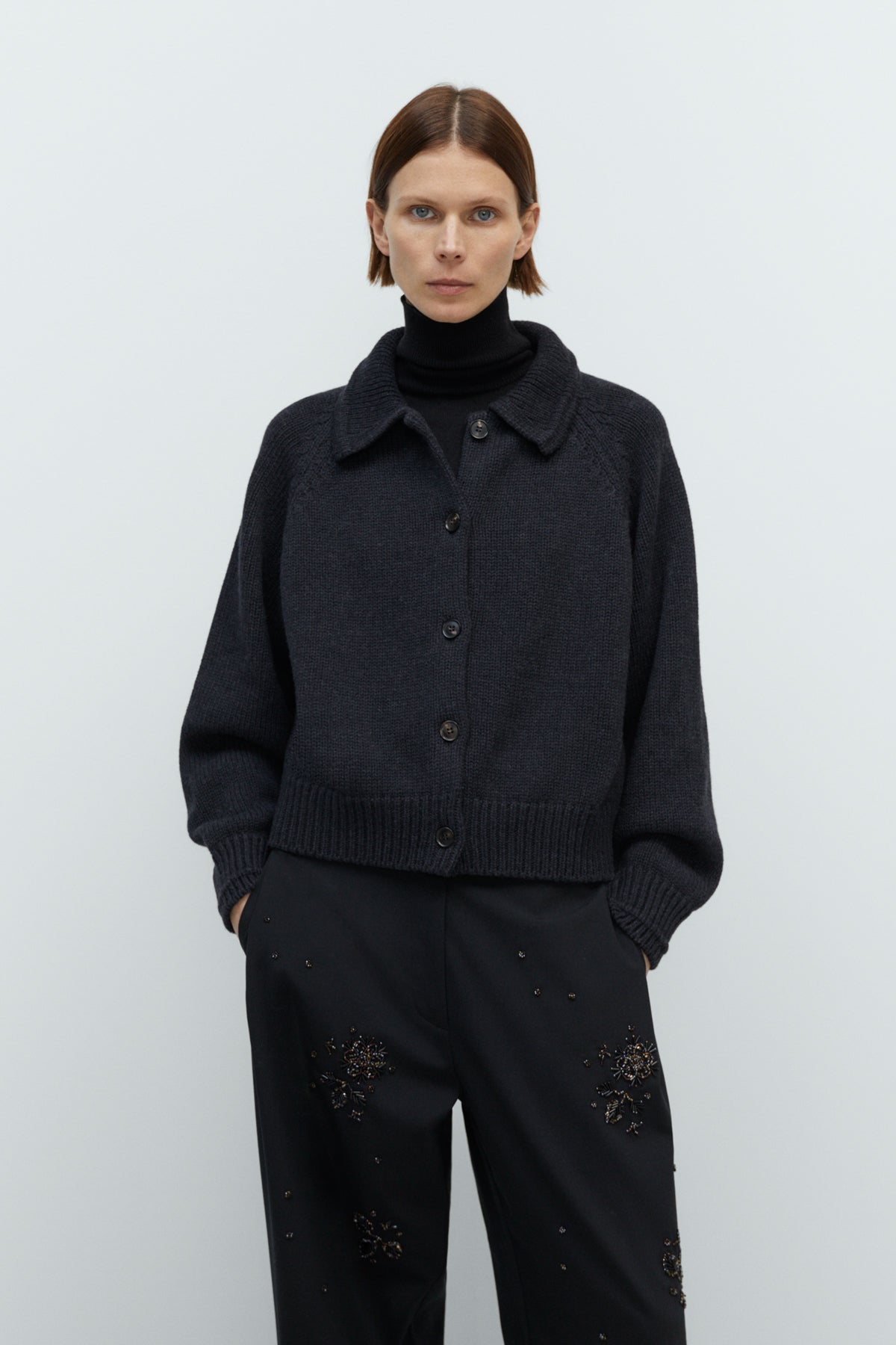 Merino Wool Collar Cardigan in Anthracite by CORDERA