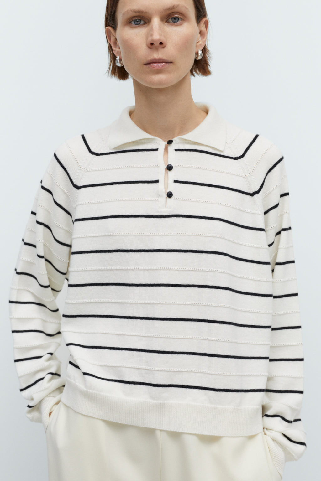 Merino Wool Striped Polo in White by CORDERA