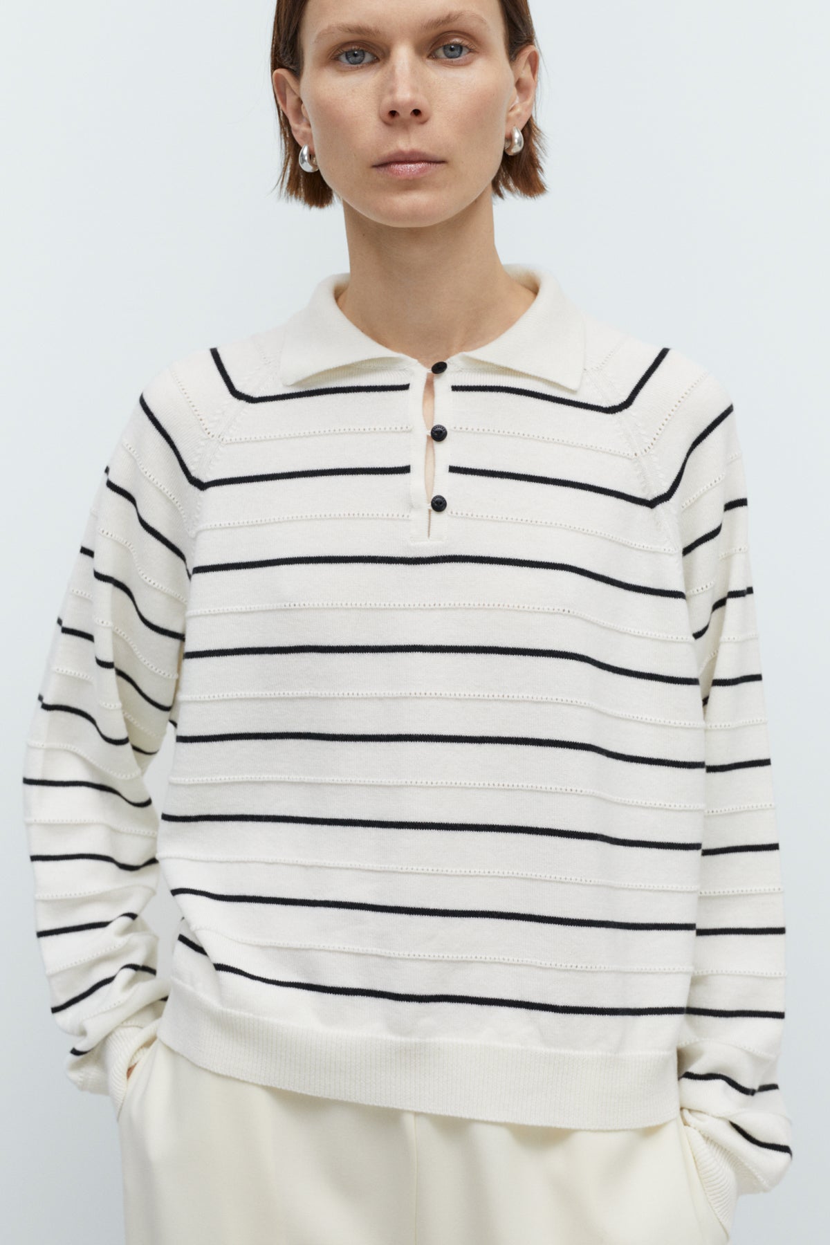 Merino Wool Striped Polo in White by CORDERA
