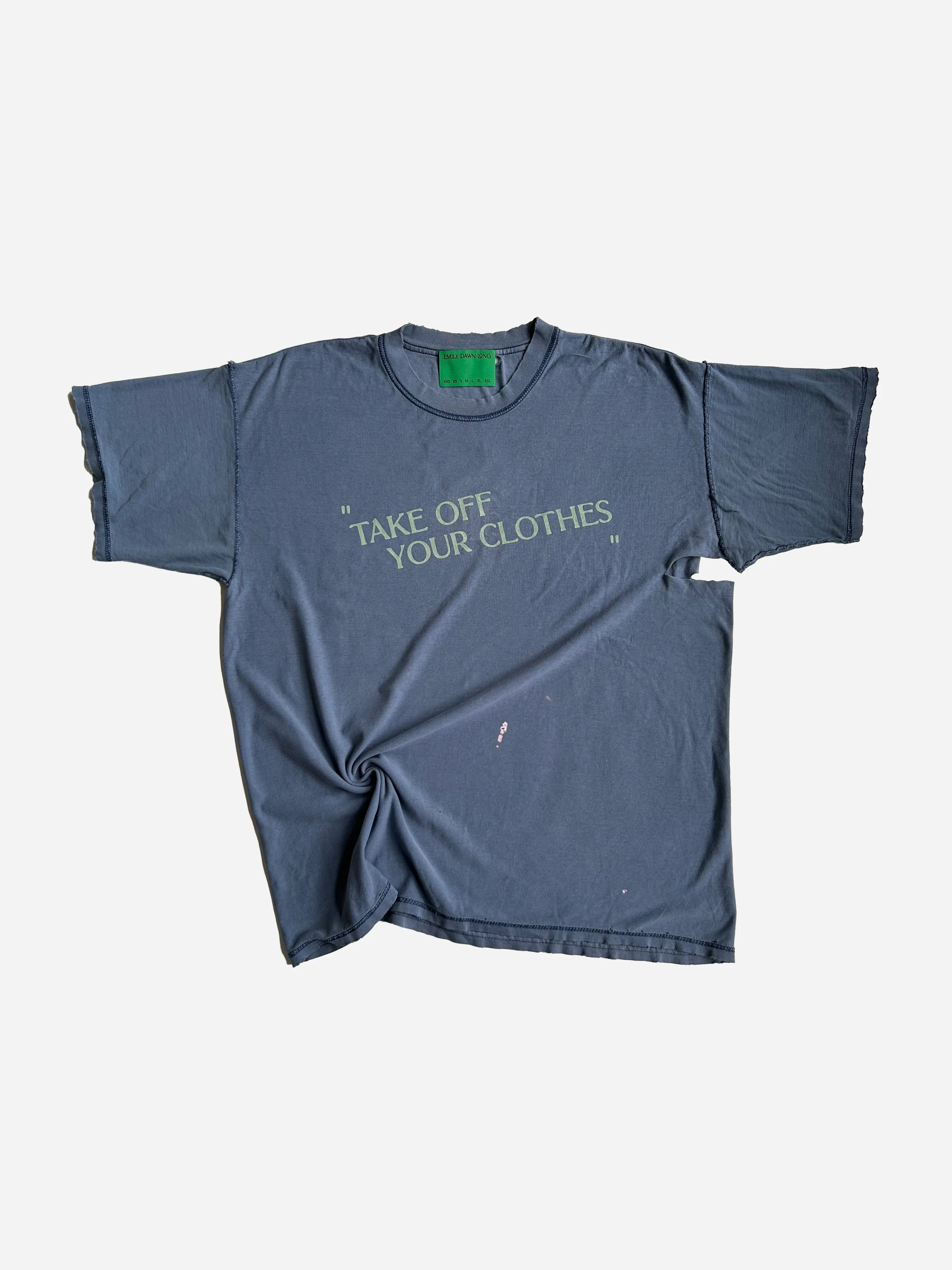 Blue t-shirt with text 'Take Off Your Clothes' on a white background