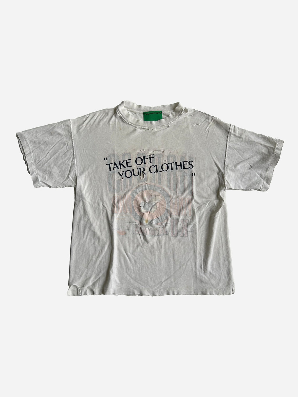 Gray t-shirt with text and graphic design on a white background