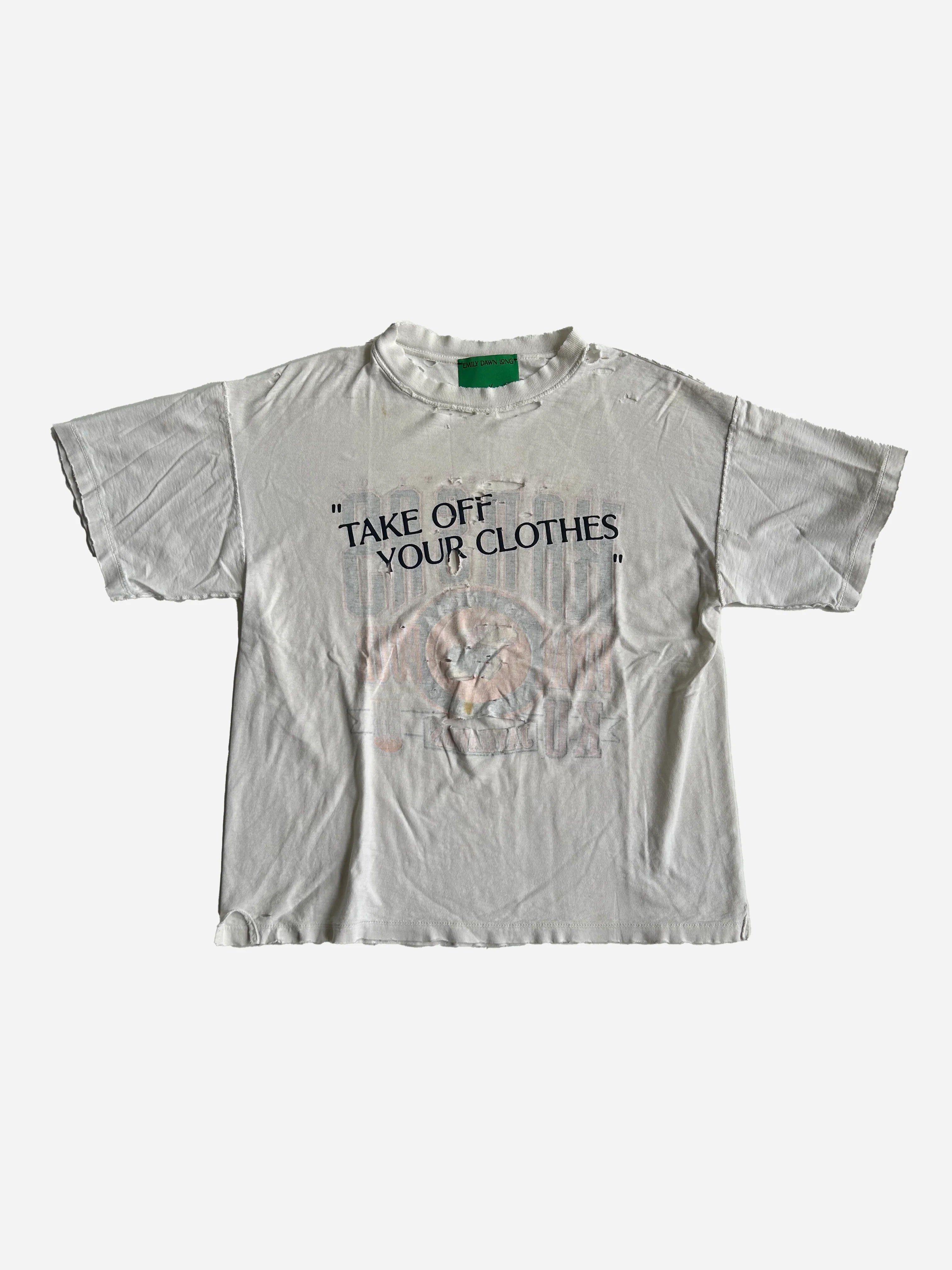 Gray t-shirt with text and graphic design on a white background