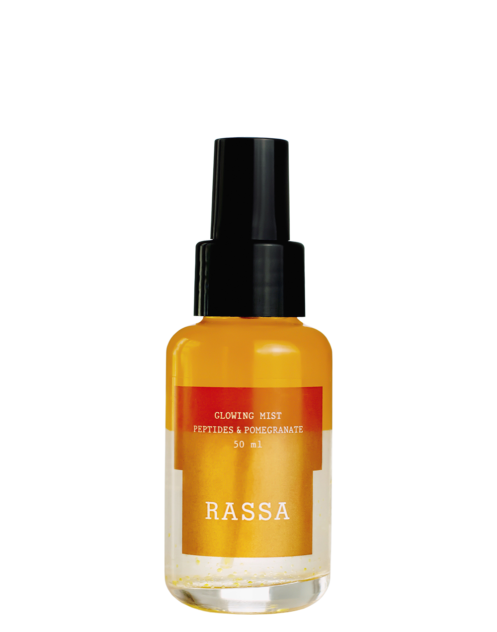 A clear spray bottle labeled 'RASSA' containing a yellow liquid, with text mentioning 'Glowing Mist' and ingredients like Peptides & Pomegranate.