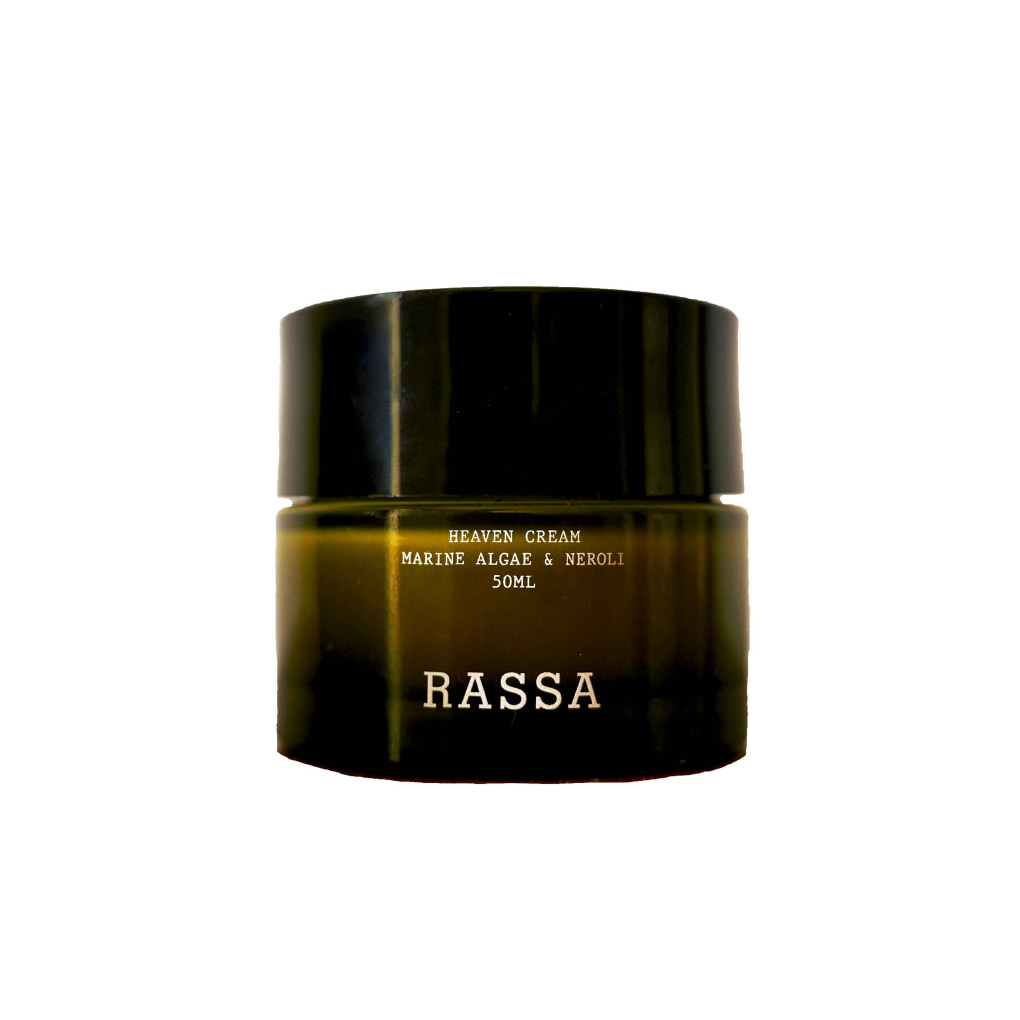 A jar of Rassa Botanicals Heaven Cream with marine algae & neroli. The jar is dark colored with a simple, elegant design.
