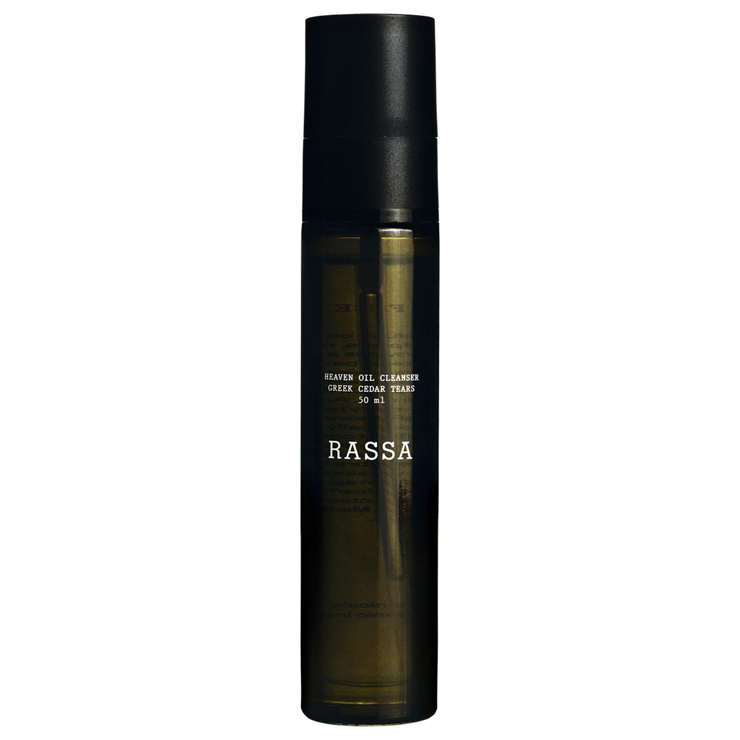 A bottle of Rassa Botanicals Heaven Oil to Milk Cleanser with a dark cap and a clear, amber-colored liquid visible through the bottle.