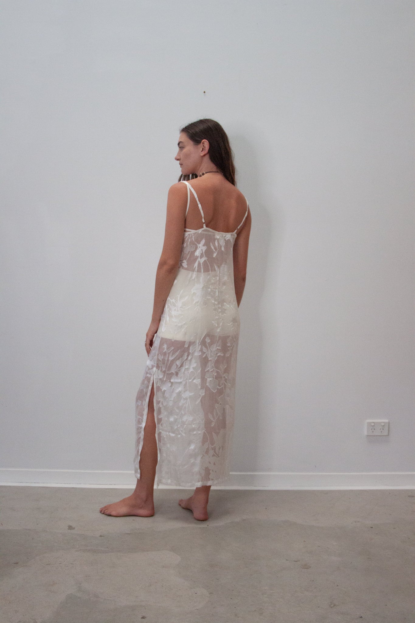 Sheer Slip Dress in White Leaf