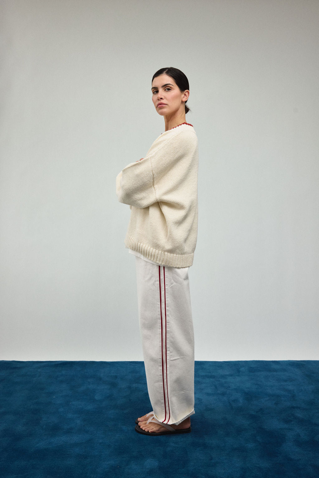 Pinstripe Track Denim in MIlk & Red Stripe
