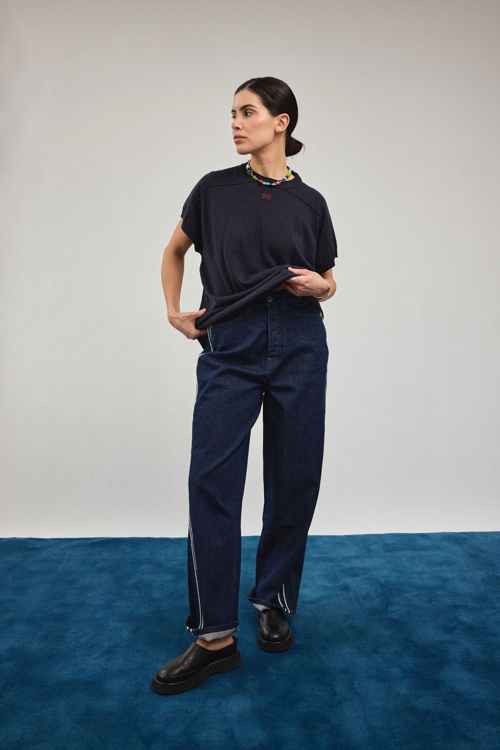 Pinstripe Track Denim in Indigo & MIlk Stripe