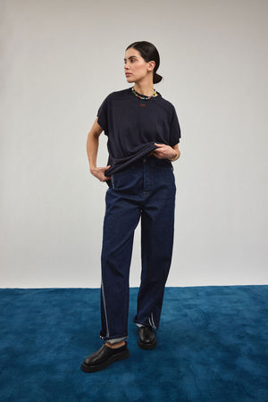 Pinstripe Track Denim in Indigo & MIlk Stripe