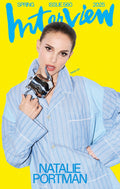 Magazine cover featuring Natalie Portman in a blue robe against a yellow background
