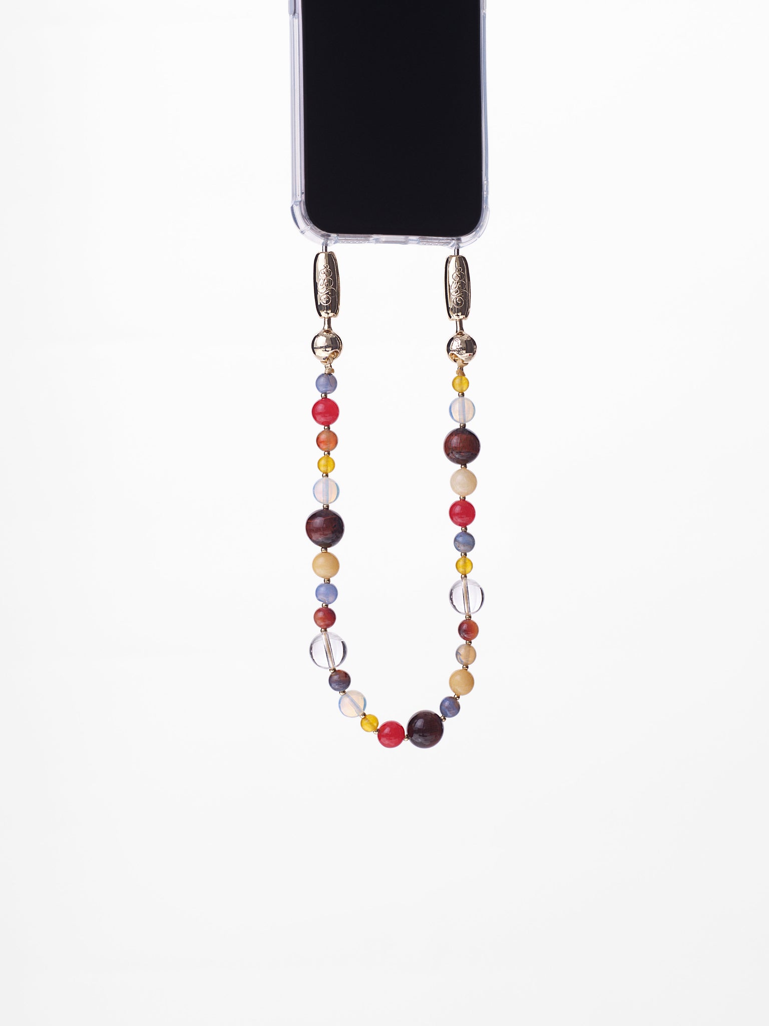 Colorful beaded phone lanyard attached to a smartphone on a white background