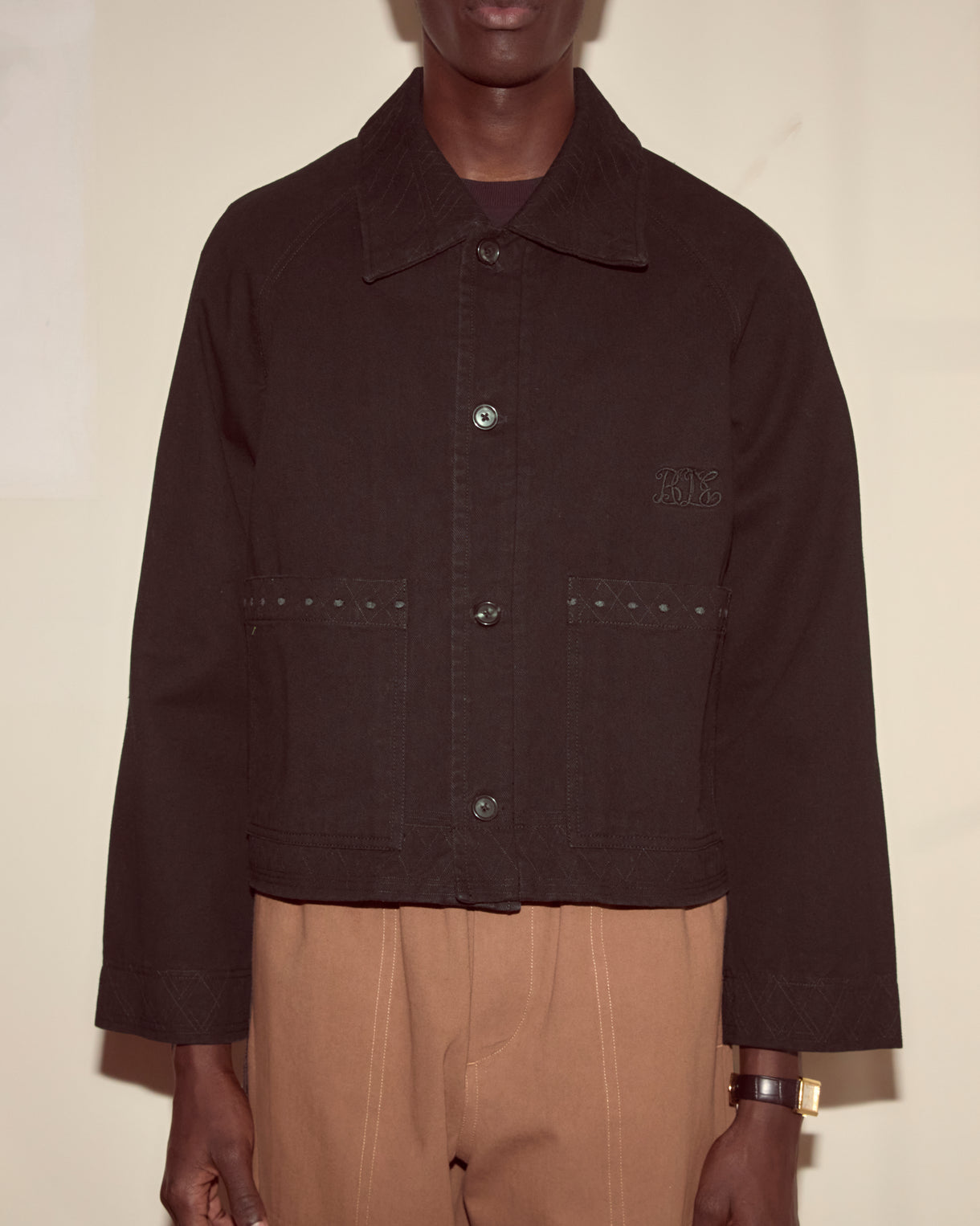 Embroidered Denim Jacket in Black by Bode