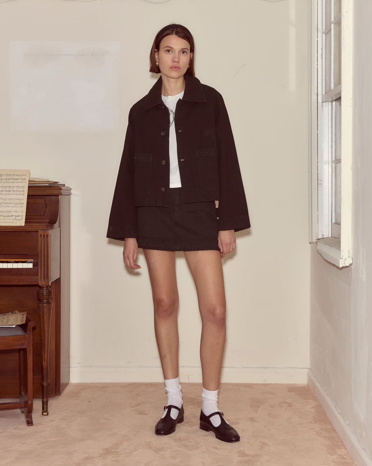 Embroidered Denim Jacket in Black by Bode
