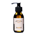 A clear glass bottle with a pump dispenser, labeled 'RASSA VITALITY OIL Thyme & Cypress 100ml'.