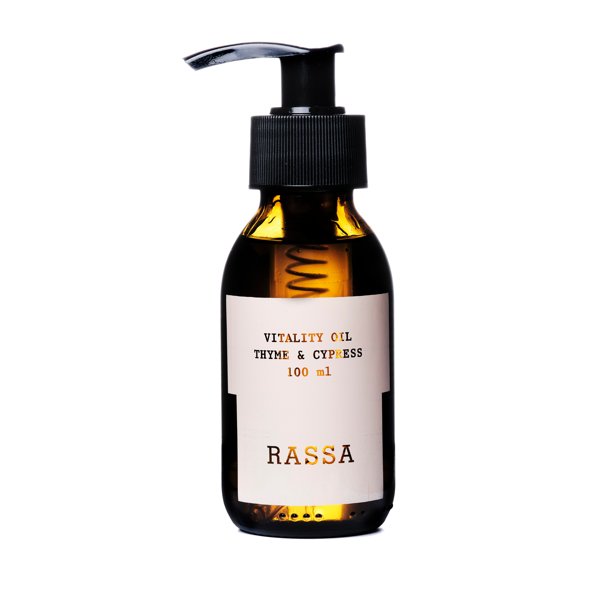 A clear glass bottle with a pump dispenser, labeled 'RASSA VITALITY OIL Thyme & Cypress 100ml'.