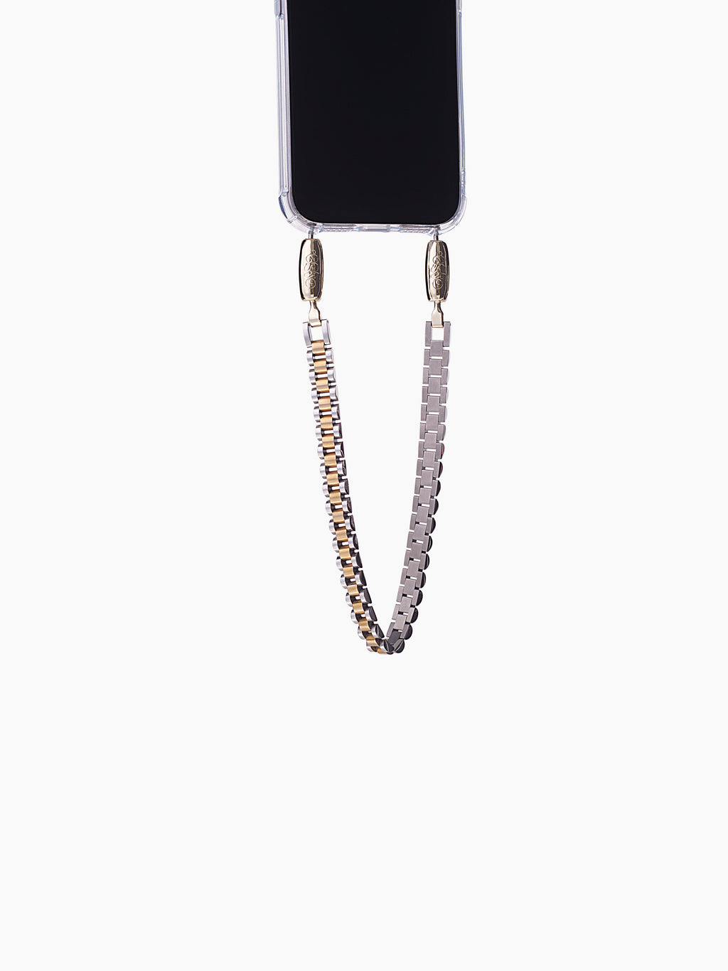 Phone with a beaded chain strap on a white background