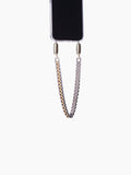Phone with a beaded chain strap on a white background