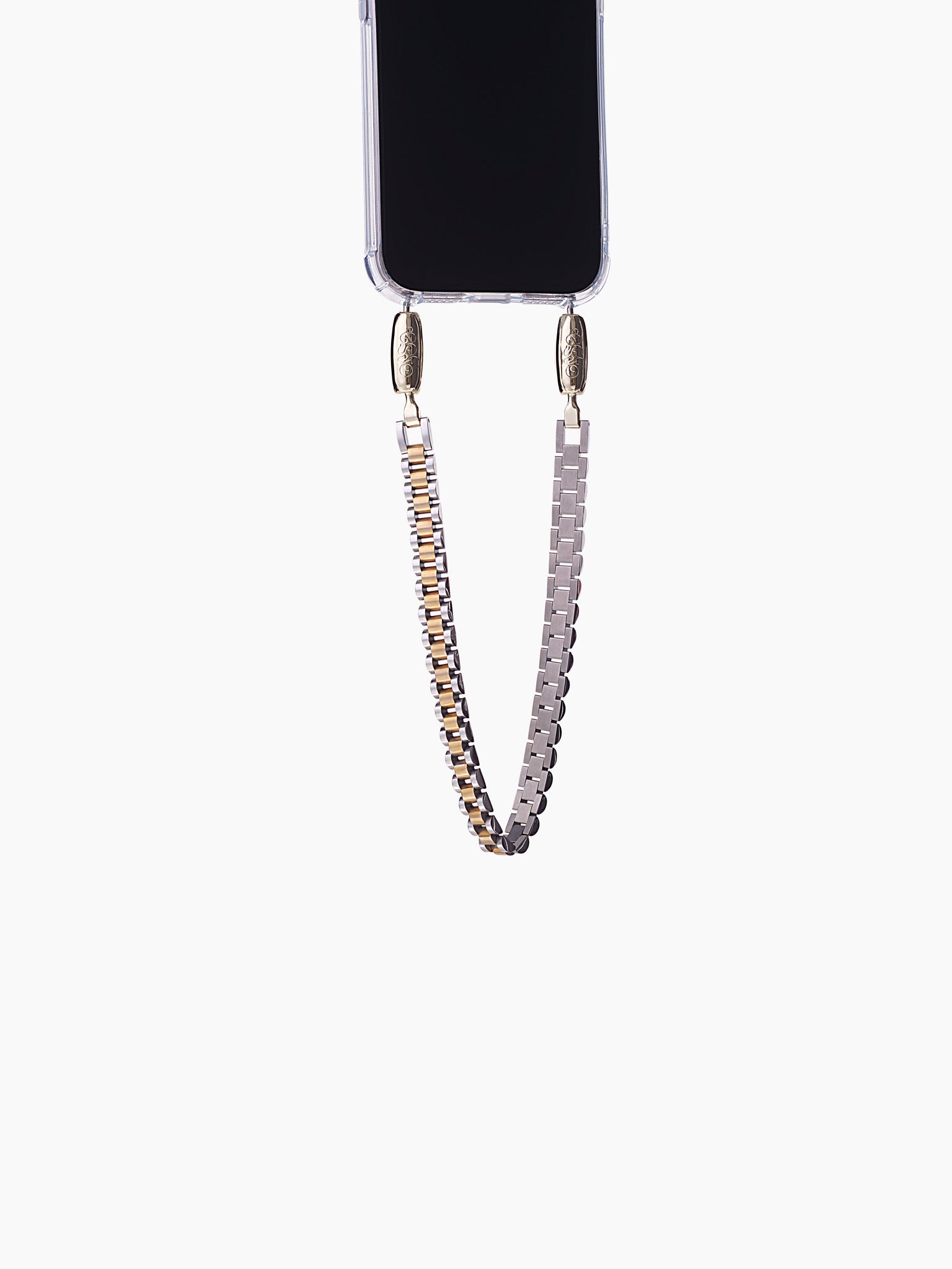 Phone with a beaded chain strap on a white background