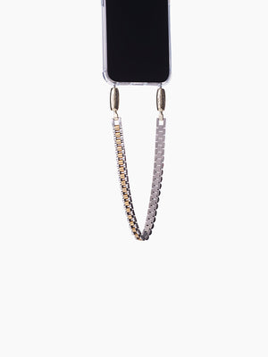 Phone with a beaded chain strap on a white background