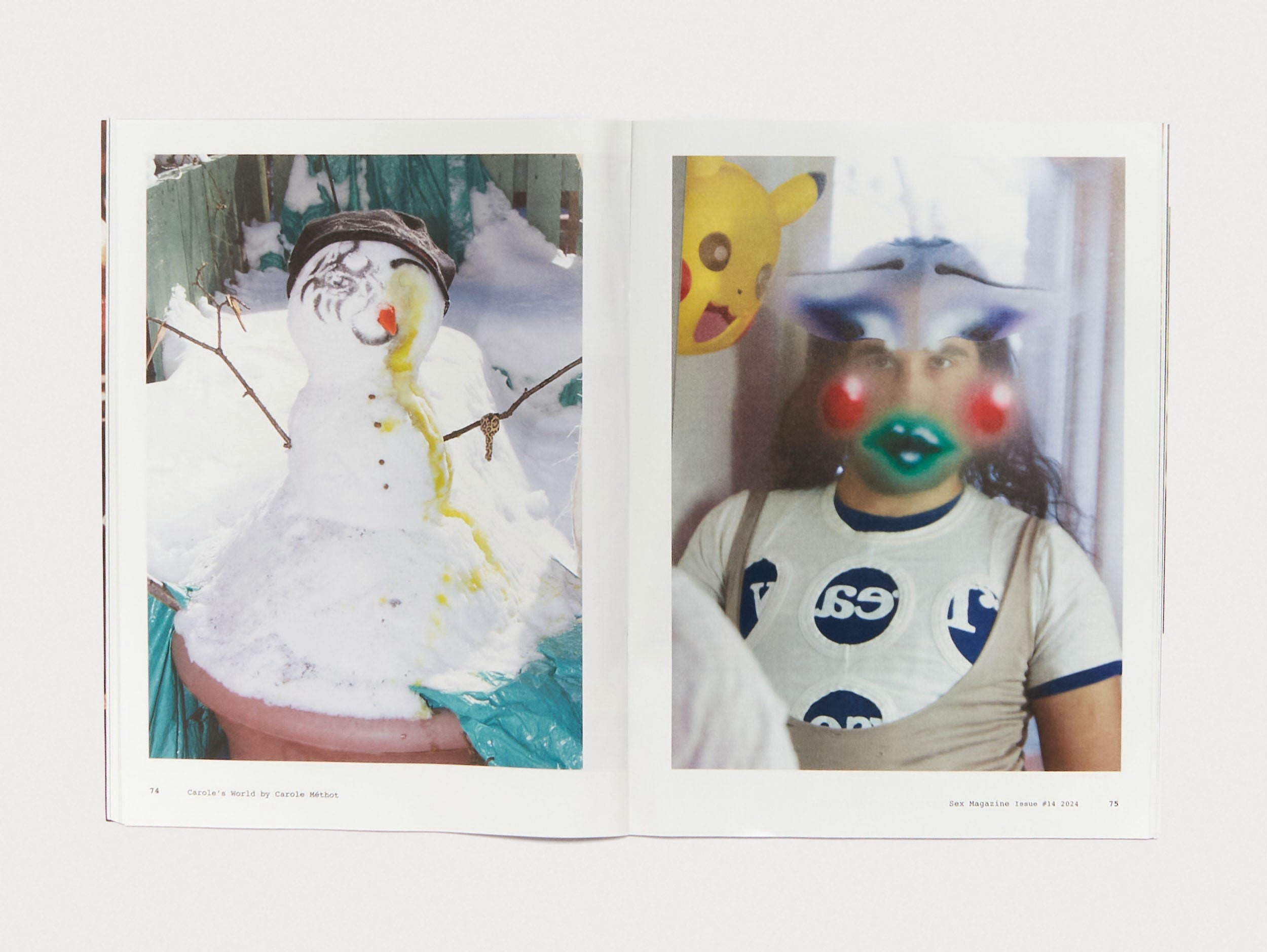 Editorial spread from Sex Magazine Issue 14 showing a snowman with yellow paint and a portrait of a person wearing a graphic t-shirt and digital face overlay.