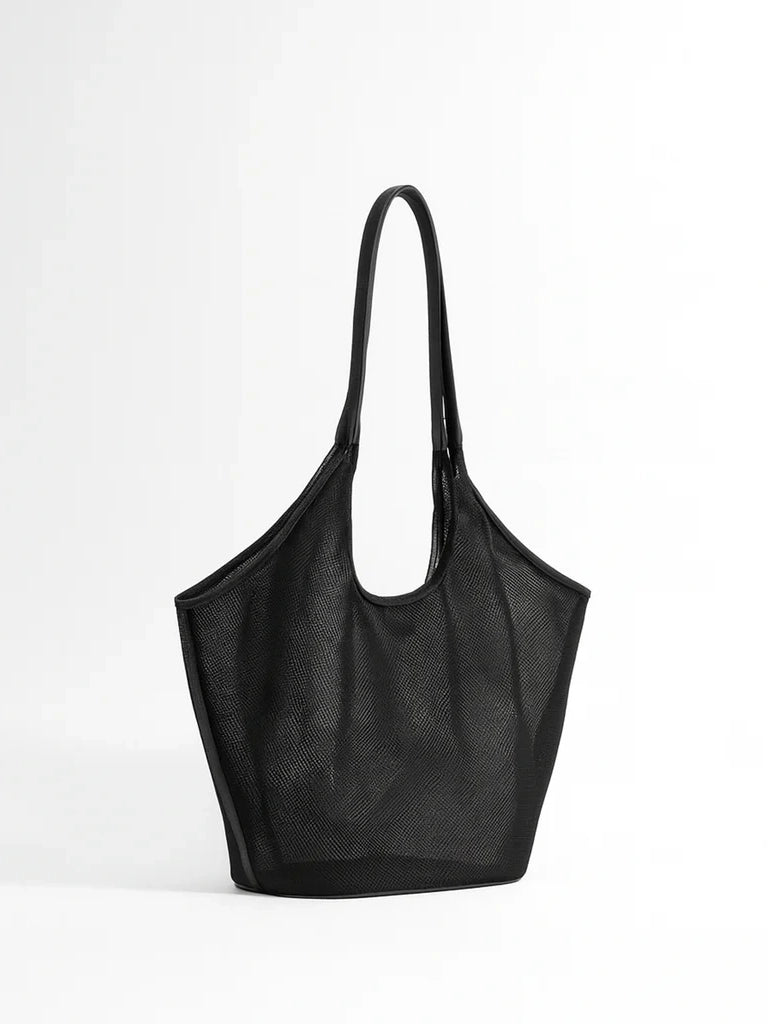Black mesh tote bag on a white background