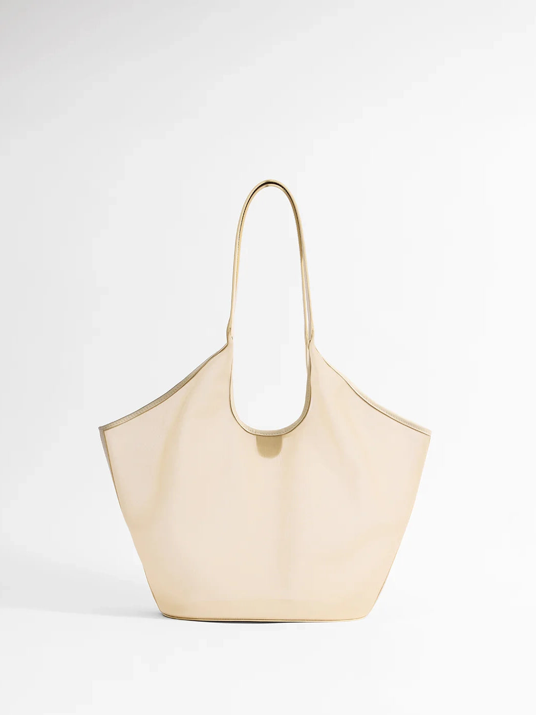 Beige handbag with a gold handle on a white background