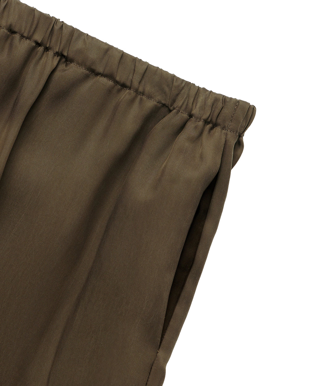 Comme Si Everyday Pant in umber cupro twill with a wide-leg silhouette, fluid drape, and covered elastic waistband.