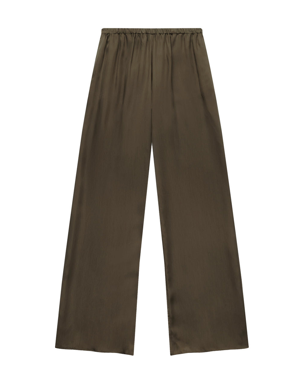 Comme Si Everyday Pant in umber cupro twill with a wide-leg silhouette, fluid drape, and covered elastic waistband.