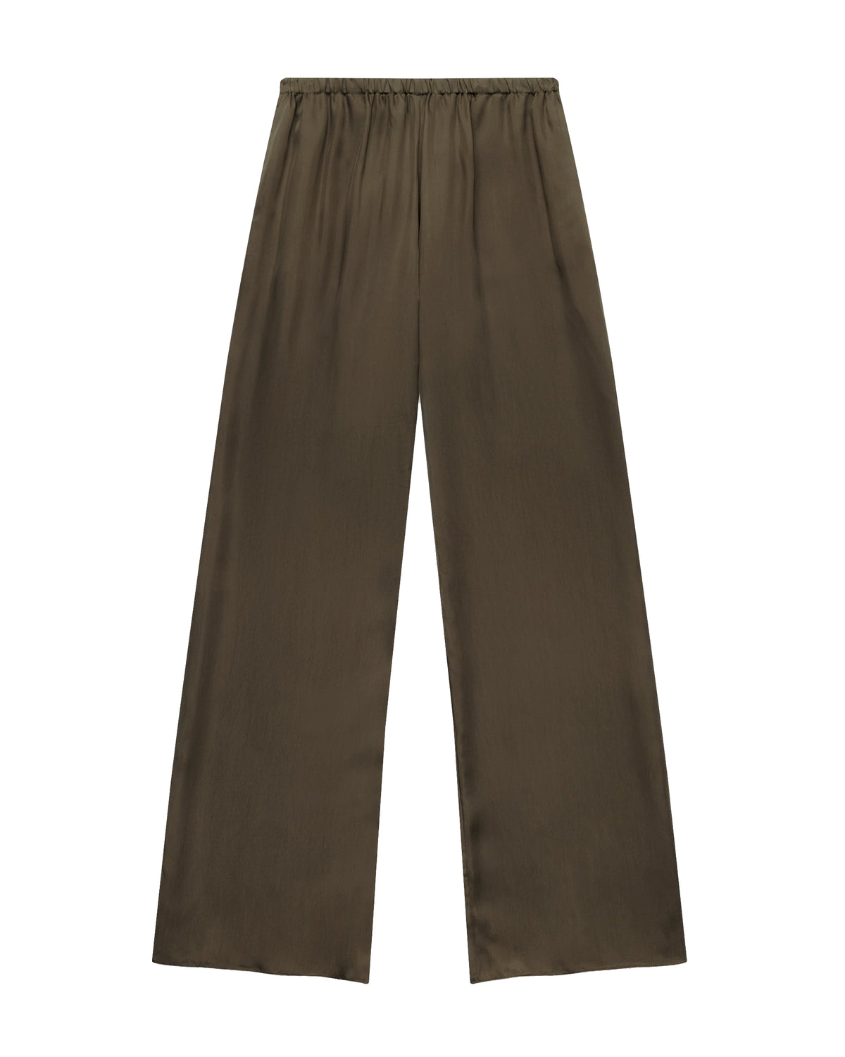 Comme Si Everyday Pant in umber cupro twill with a wide-leg silhouette, fluid drape, and covered elastic waistband.