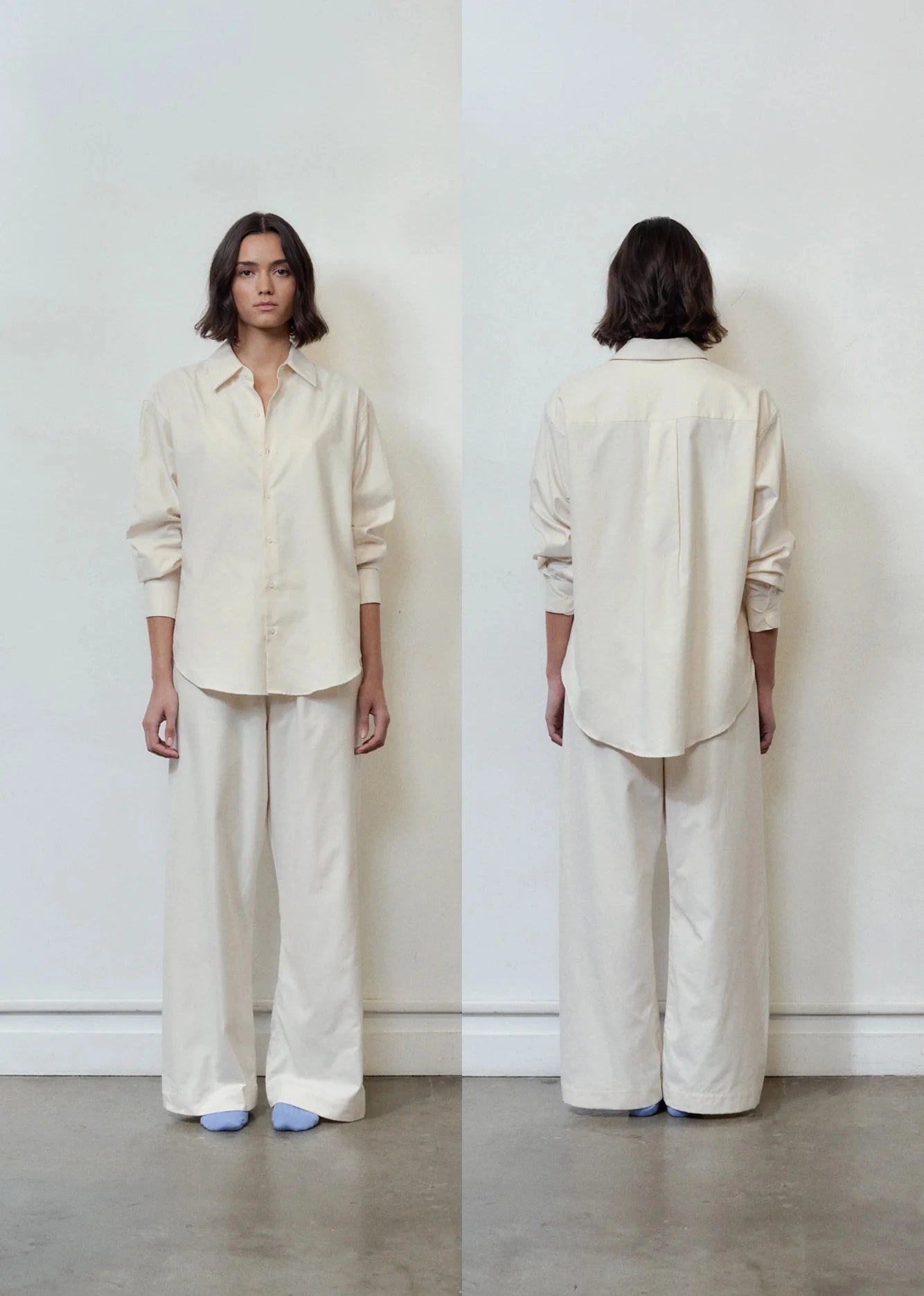 Person wearing a beige outfit with wide-leg pants, front and back views against a white background.