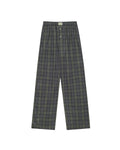 Comme Si La Boxer Alta in grey sage plaid cotton flannel with a wide-leg silhouette, covered elastic waistband, and side slits at the hem.