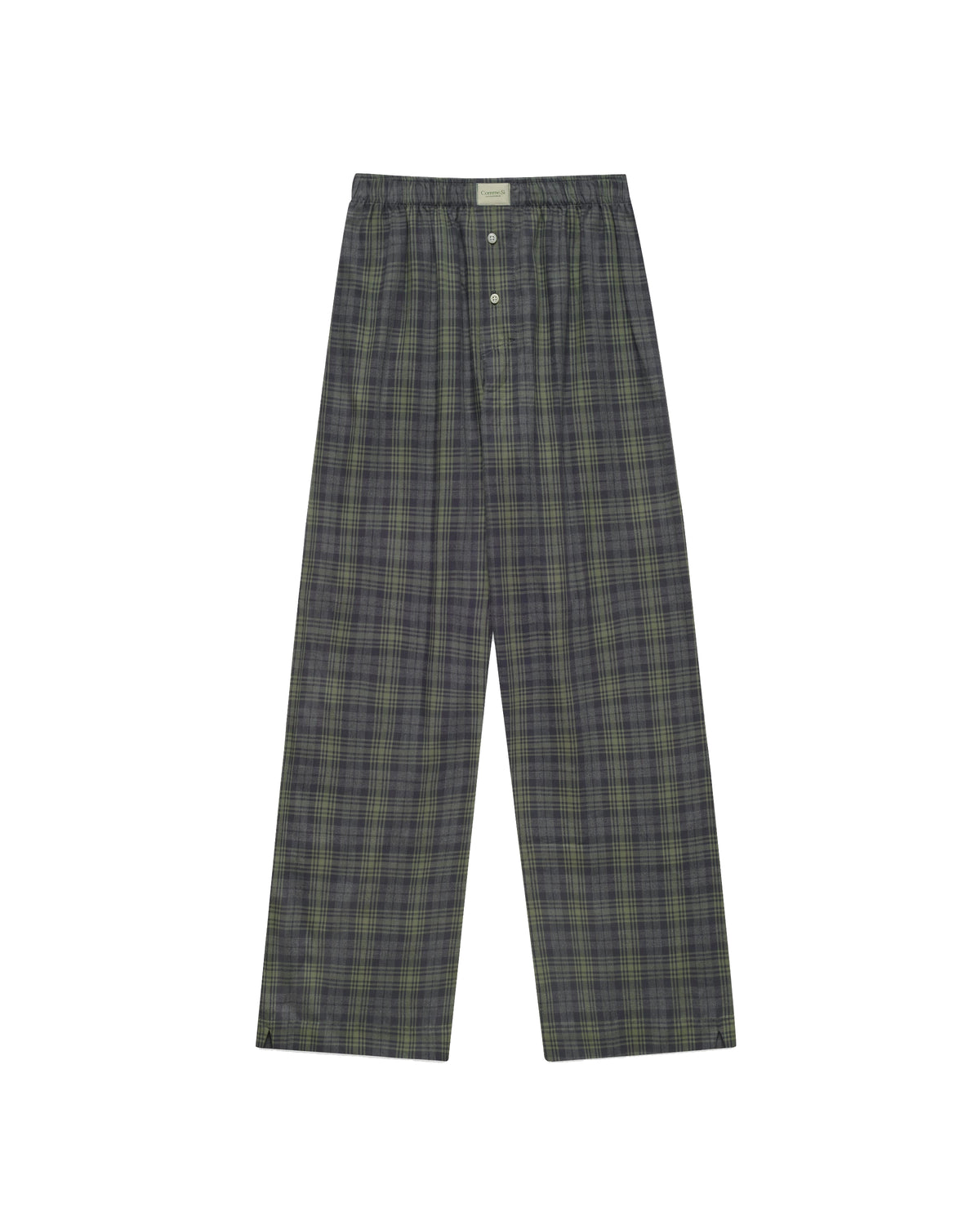 Comme Si La Boxer Alta in grey sage plaid cotton flannel with a wide-leg silhouette, covered elastic waistband, and side slits at the hem.