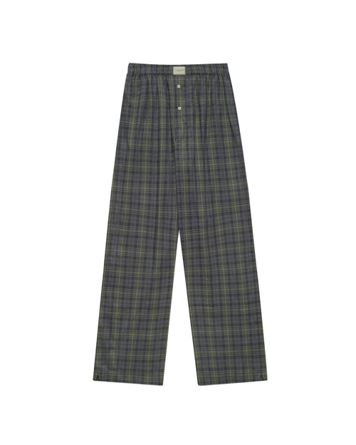 Comme Si La Boxer Alta in grey sage plaid cotton flannel with a wide-leg silhouette, covered elastic waistband, and side slits at the hem.
