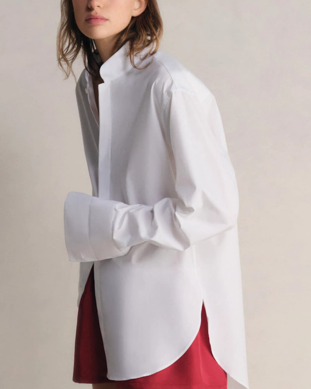 Model wearing Mandarin Collar Tunic in White by Comme Si.