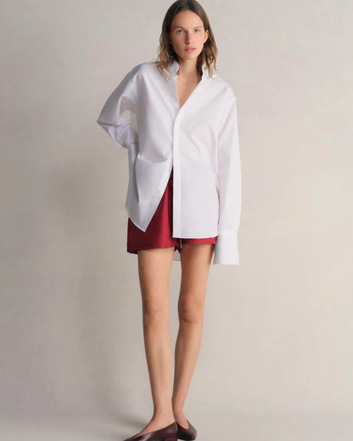 Model wearing Mandarin Collar Tunic in White by Comme Si.