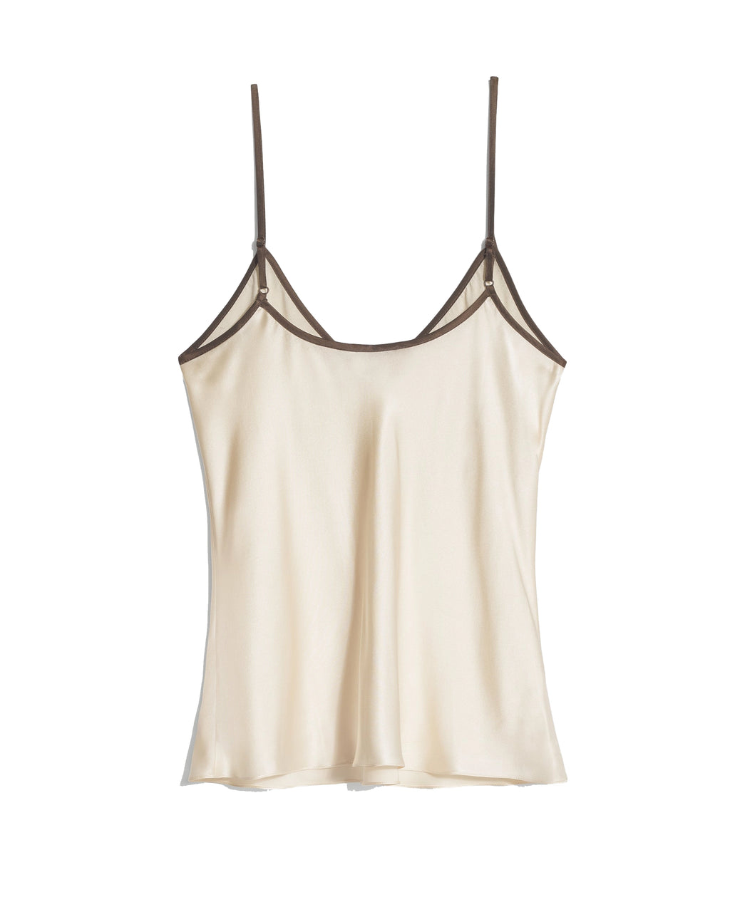 Comme Si Silk Bias Cami in cream silk charmeuse with contrasting brown piping, a V neckline, and thin adjustable straps.