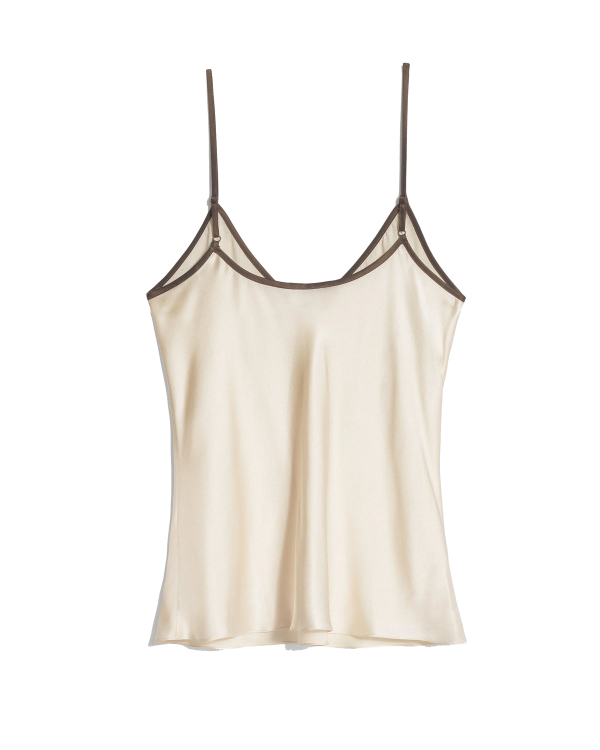 Comme Si Silk Bias Cami in cream silk charmeuse with contrasting brown piping, a V neckline, and thin adjustable straps.