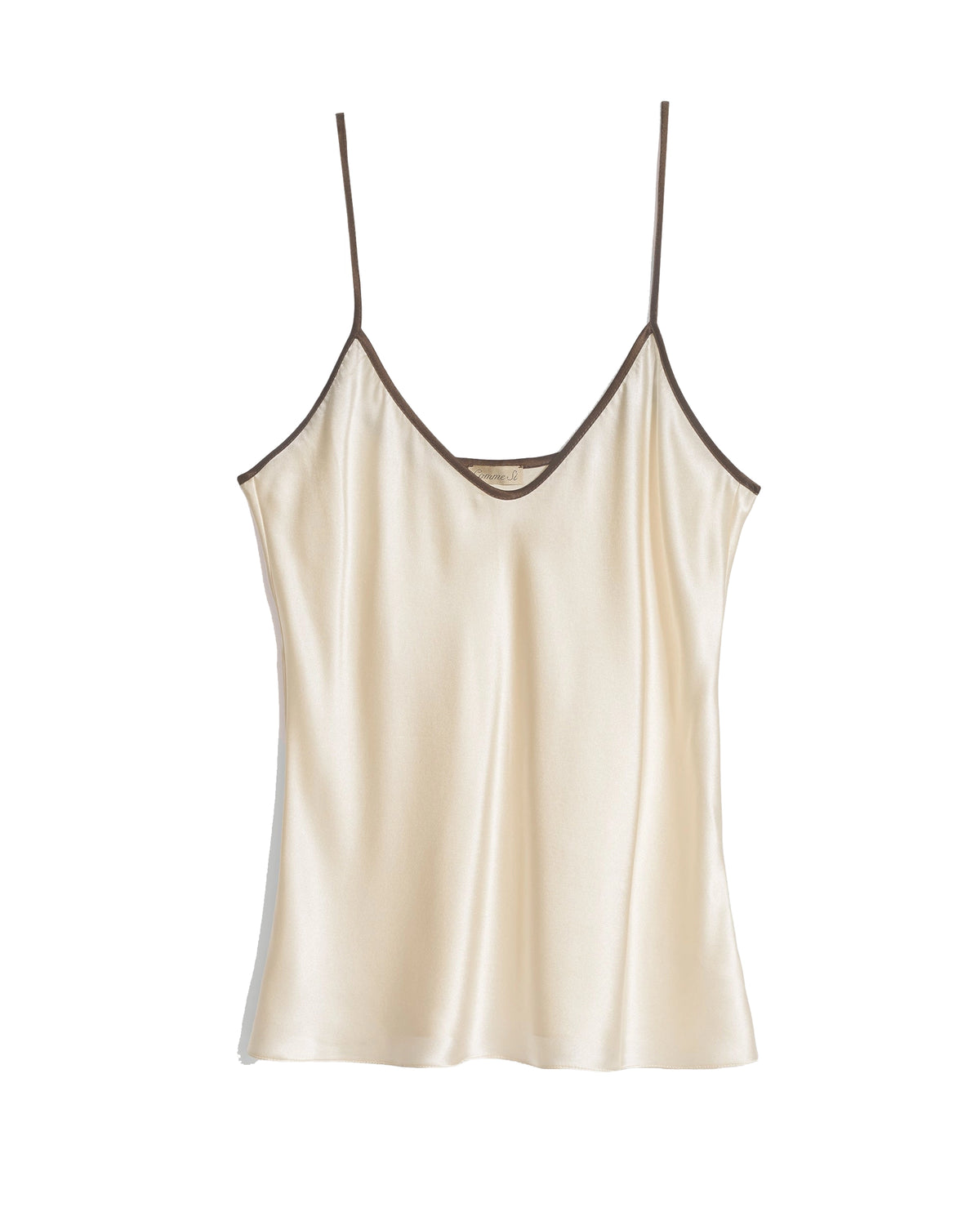 Comme Si Silk Bias Cami in cream silk charmeuse with contrasting brown piping, a V neckline, and thin adjustable straps.
