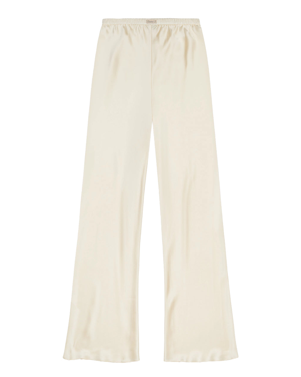 Comme Si Silk Bias Pant in cream silk charmeuse with a fluid drape and elongated silhouette.