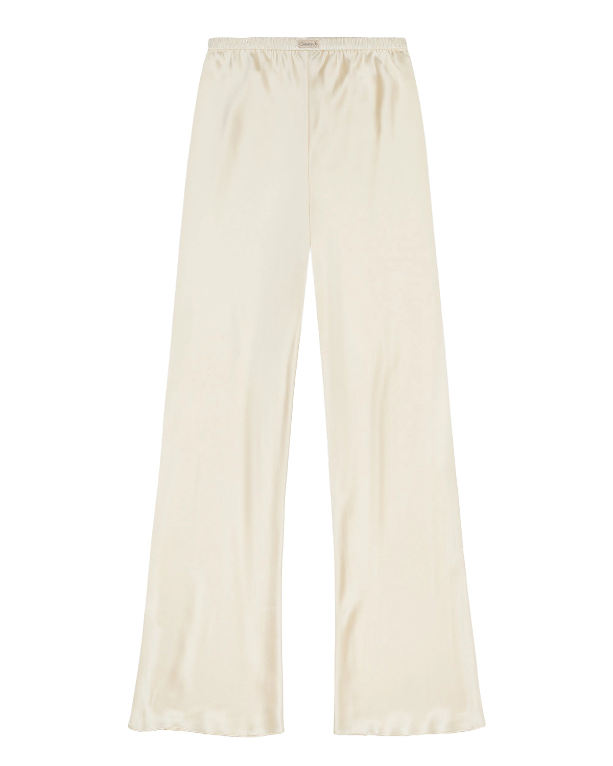 Comme Si Silk Bias Pant in cream silk charmeuse with a fluid drape and elongated silhouette.