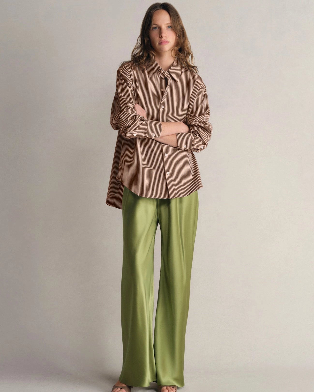 Model wearing Silk Bias Pant in Grass by Comme Si