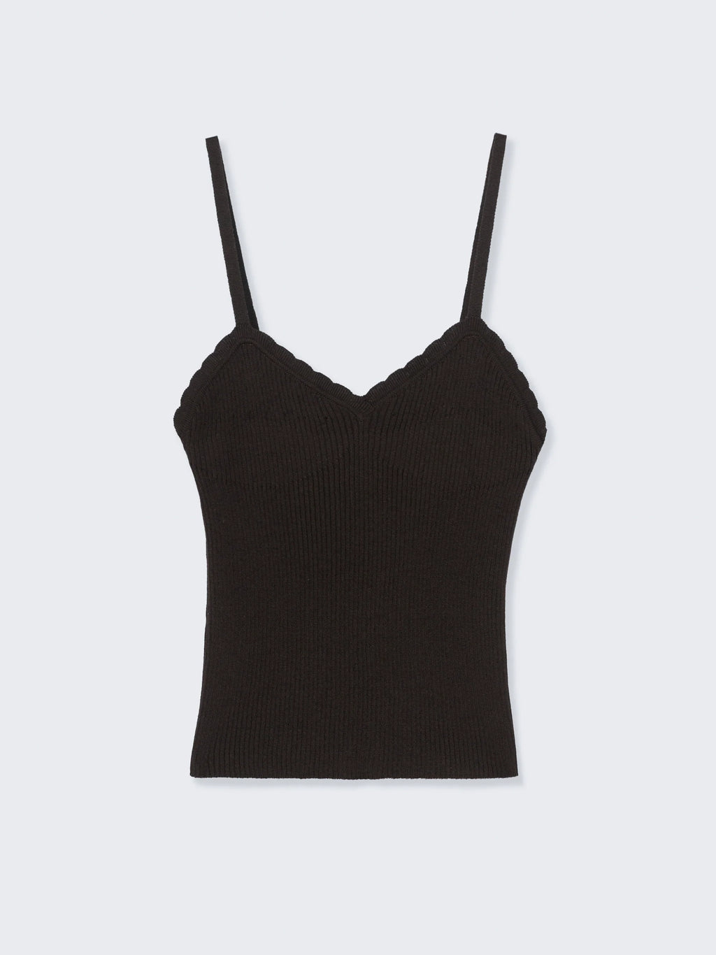 Black ribbed tank top with thin straps on a white background