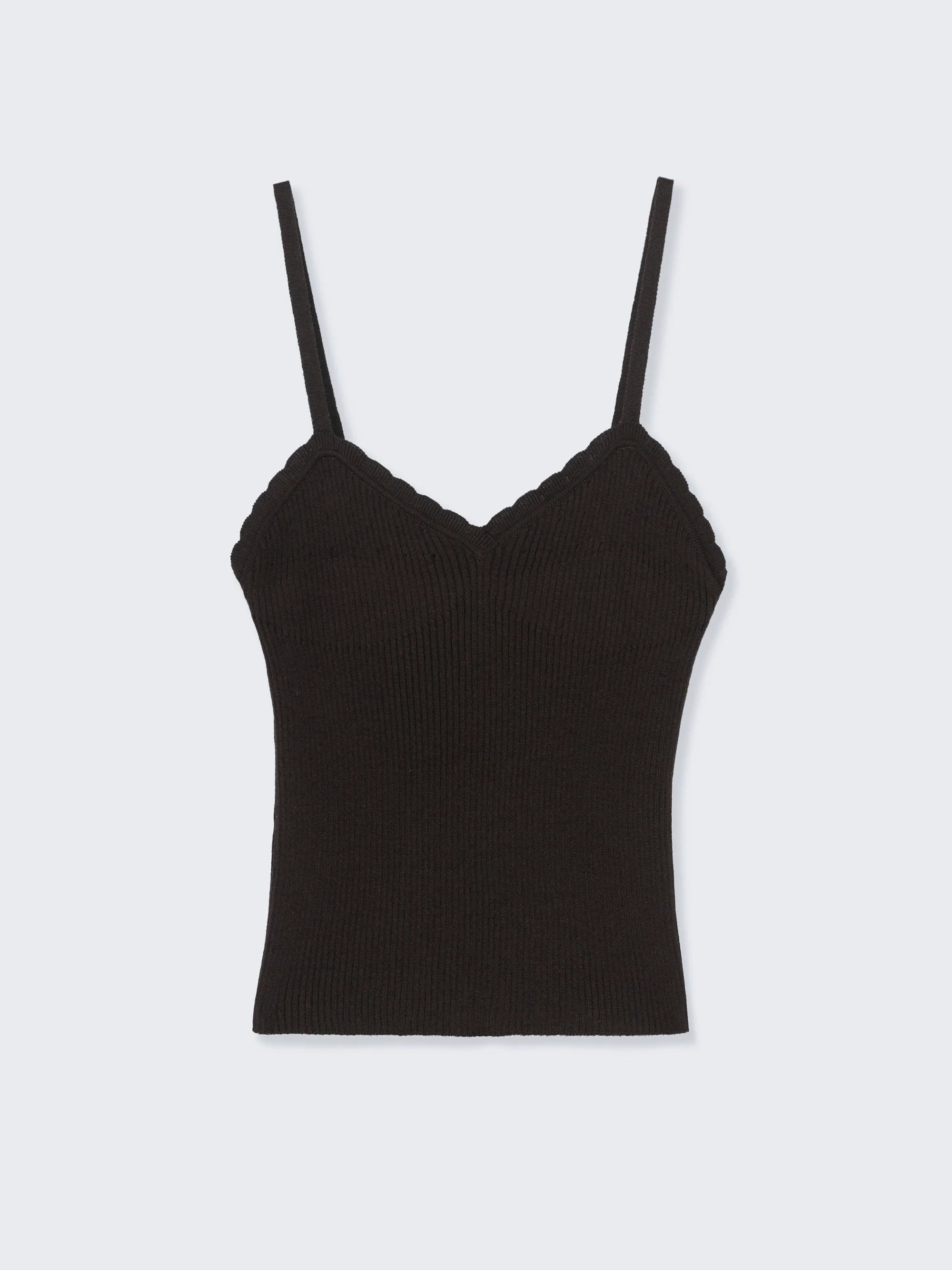 Black ribbed tank top with thin straps on a white background