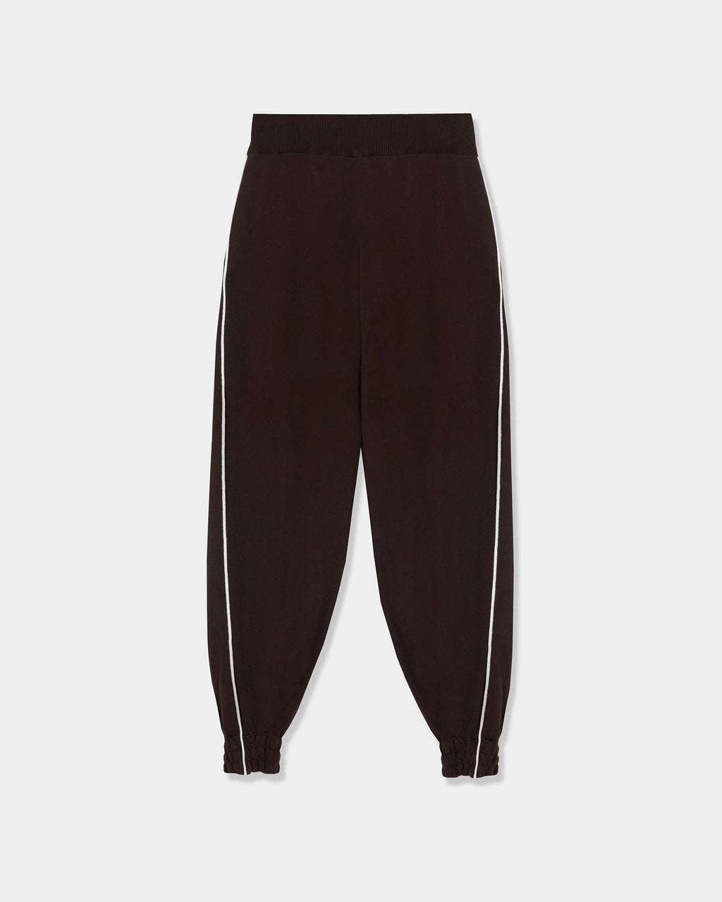 CORDERA Organic Cotton Sporty Pants in brown with a contrasting white side stripe and gathered hems.